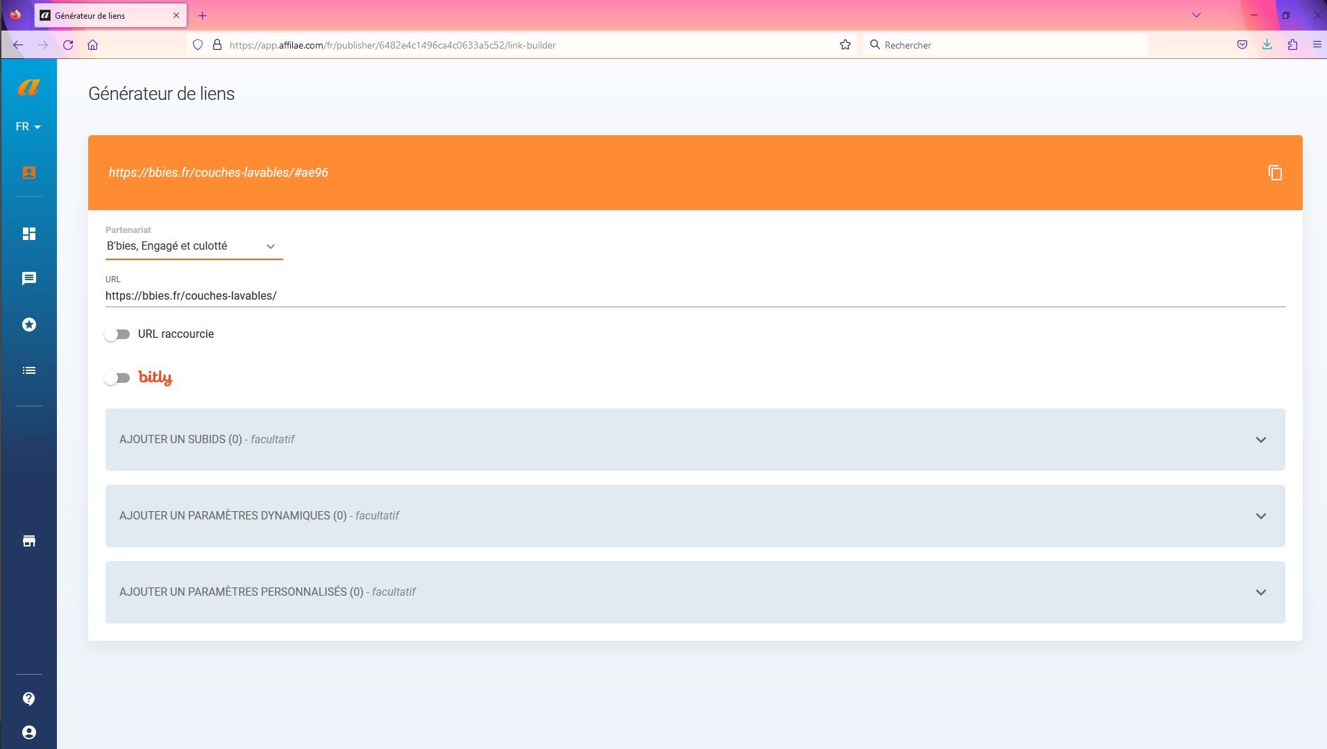 Affilae - 4- Programme affiliation - Tableau de bord - générer un lien 2