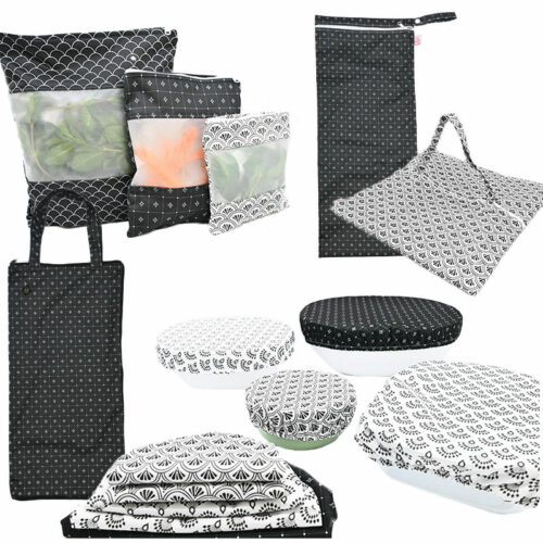 Pack complet collection 17 pièces Cuisine Zéro Déchet (couvre-plat, sac congélation, sac à tarte…) Noir et Blanc