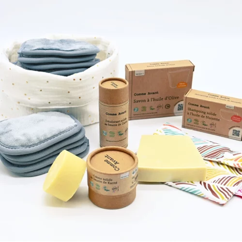 Kit salle de bain zéro déchet : crème, shampoing et déodorant solide + cotons démaquillants (16 pièces)