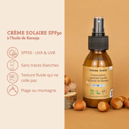 Crème solaire SPF50 minérale liquide à l’huile de Karanja- Comme Avant